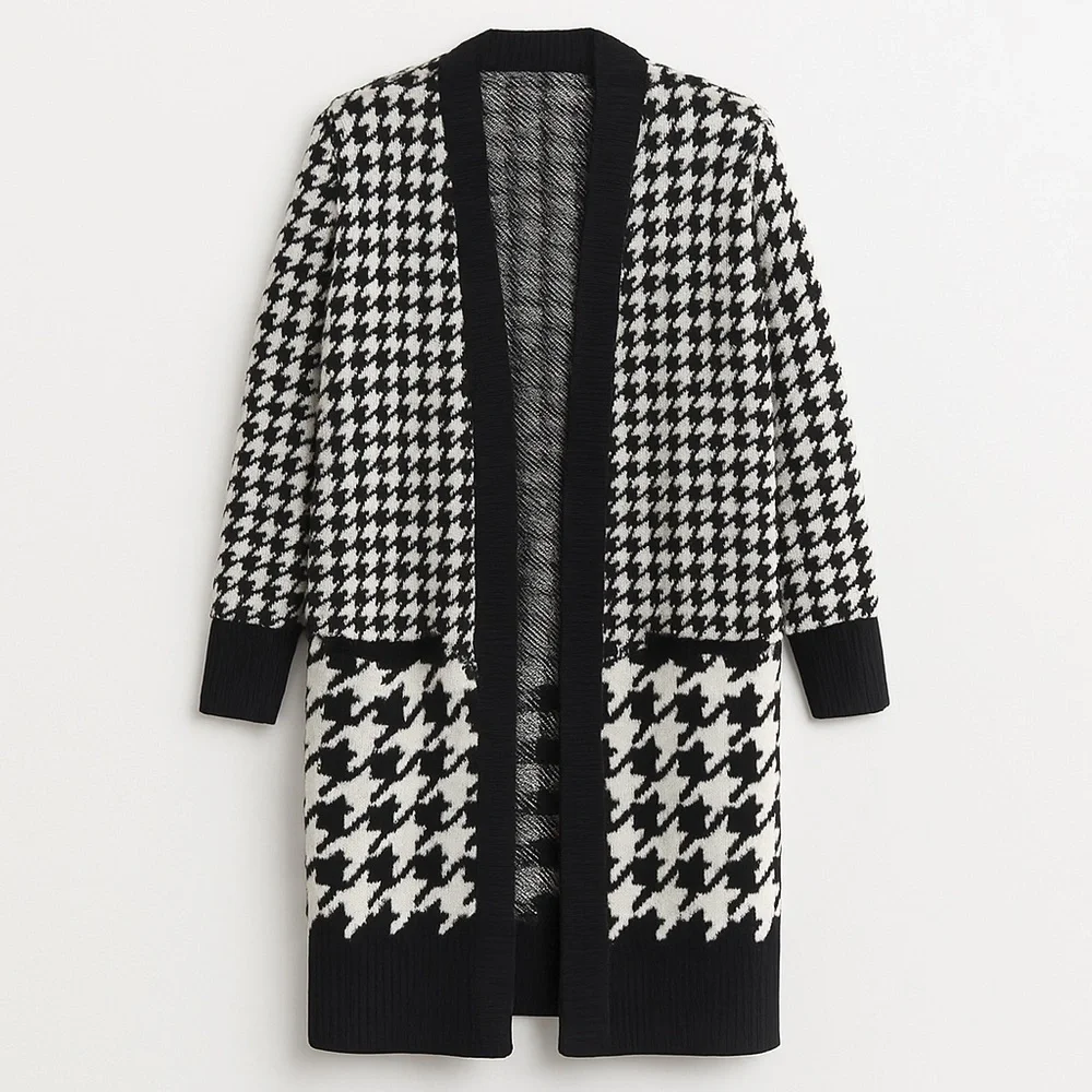 Black & White Houndstooth Cardigan Duster Statement Knit Sweater EUC 2XL #661